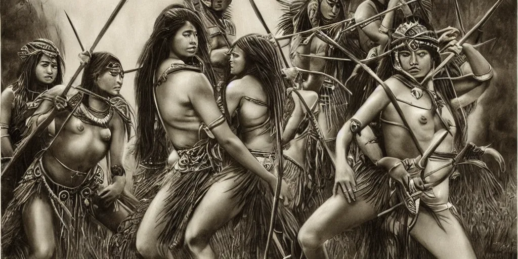 Image similar to movie, beautiful distanced aztec warrior female tribes attack each other,bows and arrows, spears, epic, vintage, black and white, Boris vallejo, sepia, apocalypto