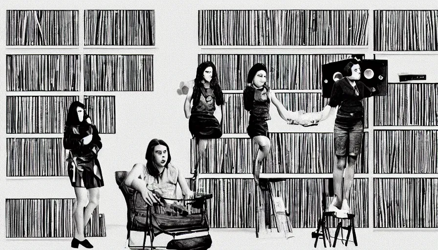 Image similar to angry women guarding a wall of records, synthesizers, turntables, vhs tapes, old books and computers, dark, realistic, intimidating
