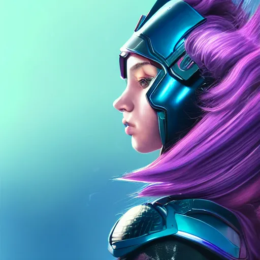 Image similar to a stunning upper body portrait of a beautiful young woman wearing futuristic navy blue and teal battle bodyarmor and pauldrons and ombre purple and pink hairstyle with hair blowing in the wind, by marvel comics, outrun, vaporware, highly detailed, fine detail, intricate, digital art, trending on artstation