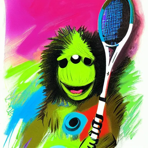 Image similar to a tennis ball monster ,tennis ball, tennis racket, colorful, digital art, fantasy, magic, trending on artstation, ultra detailed, professional illustration by Basil Gogos