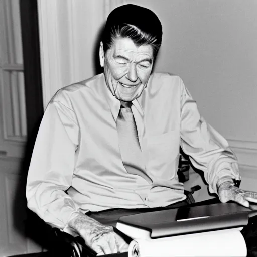 Prompt: president ronald reagan uses a laptop