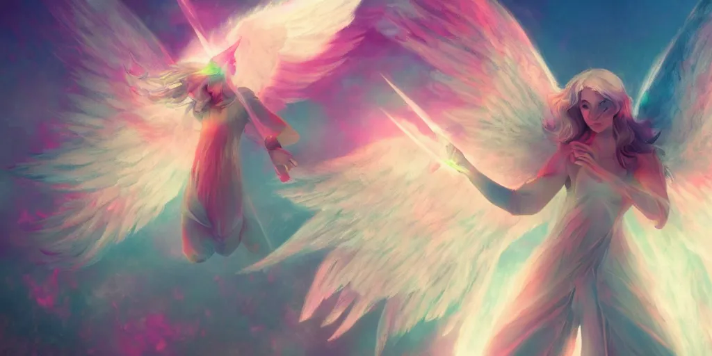 Image similar to An angel with white wings shooting a bright arrow to create flowers on a plain, trending on artstation, heavenly colors, volumetric lighting