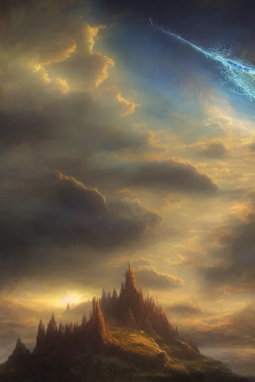 Prompt: a beautiful hyper realistic detailed matte painting of an island floating in the sky, flying castle tower, vivid color hues, looks like creativity by john howe, greg rutkowski, gustave dore, ferdinand knab, lush sky above, space nebuloid, barometric projection, rectilinear, octane render, ellen jewett, beautiful surreal palatial pulsar at dawn