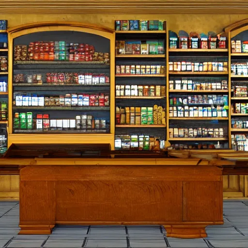 Prompt: the inside of a 1 9 2 8 grocery store with a national cash register from 1 9 0 4 on the desk. hyper - realistic, realistic color 3 d render