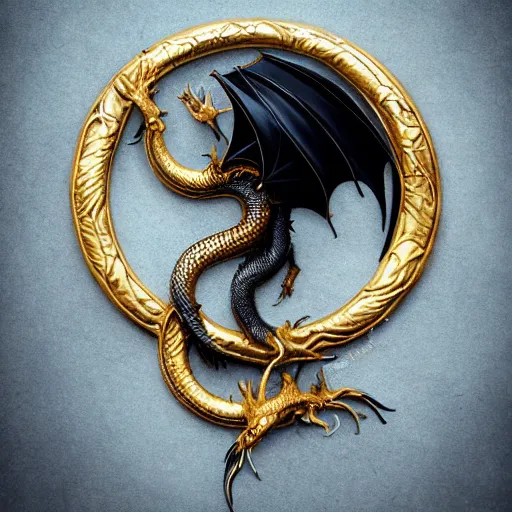 Image similar to emblem of black dragon on a gold metallic dragon emblem talisman, by artgerm, tom bagshaw, gerald brom, moody vibe, goth vibe, 4 k, hd,