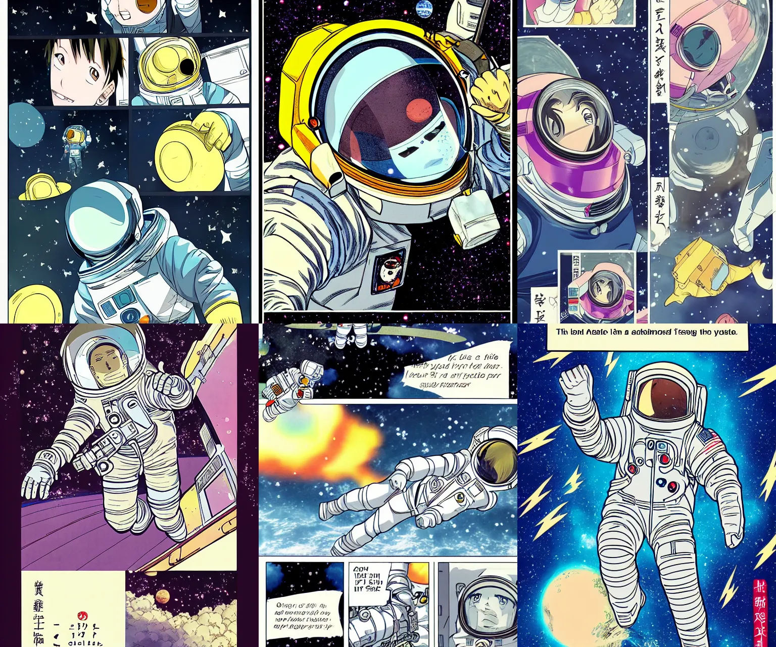 Prompt: page of a manga about an astronaut floating in space, color edition