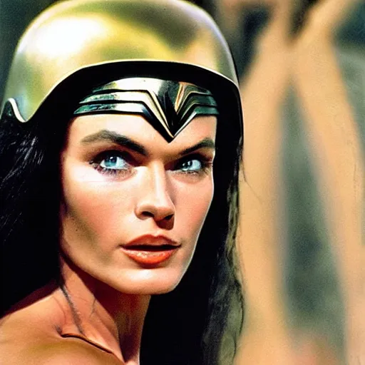 Prompt: young martine beswick as wonder woman, photorealistic, color photograph in the style of annie leibovitz - h 6 4 0