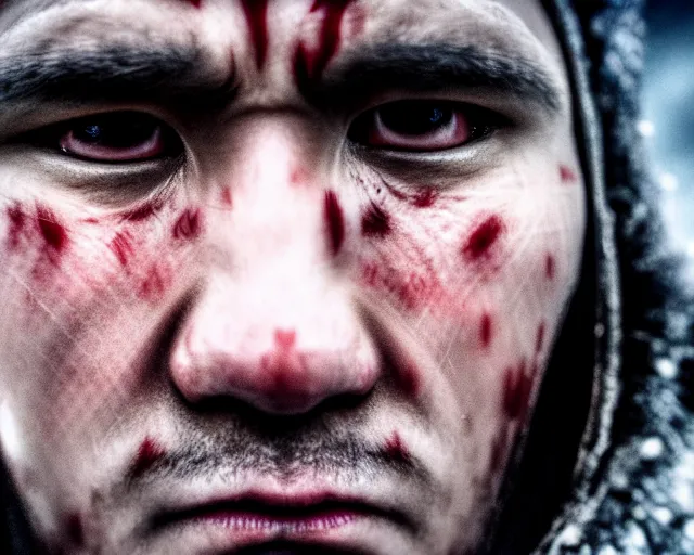 Prompt: extreme close - up eyes crying tears made of ice justin sun as night king in game of thrones, stunning tears made of ice, crimson - black bee army behind, 4 k, epic, cinematic, focus, movie still, fantasy, extreme detail, atmospheric, dark colour, sharp focus