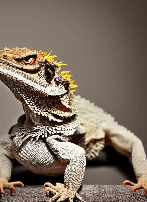 Prompt: dslr portrait still of a bearded dragon wearing a tophat, 8 k 8 5 mm f 1. 4