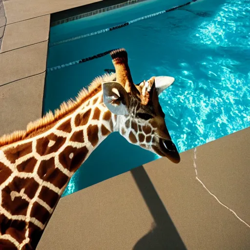 Prompt: photo of a giraffe diving in a swimming pool