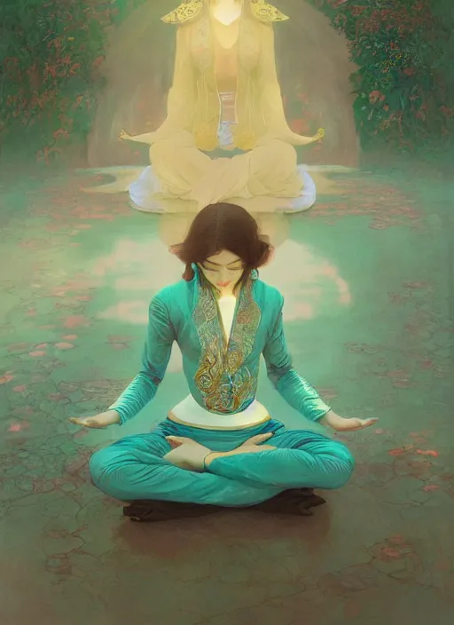 Prompt: girl meditating in lotus position, teal suit, intricate, elegant, highly detailed, artstation, sharp focus, illustration, ruan jia, mandy jurgens, rutkowski, mucha