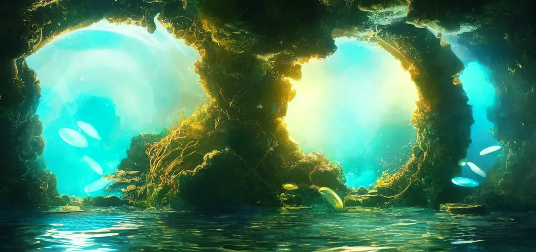 Prompt: beautiful view of an underwater glowing portal to atlantis, caustics, water, dappled light, reflections, bubbles, refraction, symmetry, dramatic lighting, ultra detailed, sharp, ambient occlusion, bloom, raytracing, vibrant, vivid colors, picturesque, by dylan cole and jordan grimmer