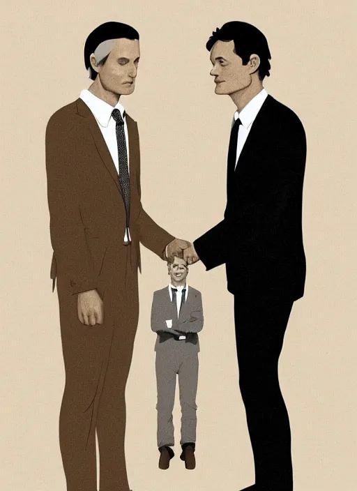 Image similar to Twin Peaks portrait of Mads Mikkelsen and Hugh Dancy holding hands romantically as they chaperone school dance by Michael Whelan, Bob Larkin and Tomer Hanuka, simple illustration, domestic, nostalgic, clean, Matte painting, trending on artstation and unreal engine, New Yorker magazine cover, 1980s romance book cover