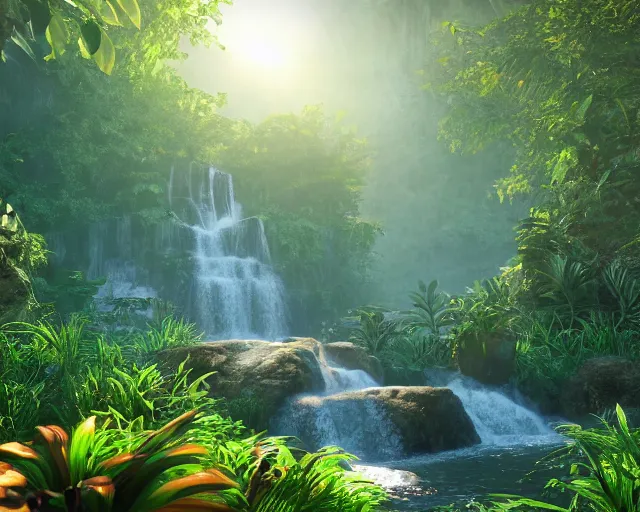 Image similar to beautiful jungle environment, waterfall, high trees, flowers, sunset, mystic, unreal engine 5, global illumination, mountains in the background, raytracing, 8 k, hyper realistic, trending on artstation