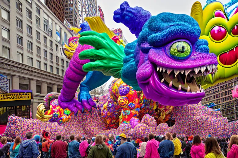 Image similar to photo of giant colorful beautiful elaborate parade float monster creature designed by lisa frank and geof darrow, in the macys parade, detailed 4 k photo, gigapixel, hyperdetailed