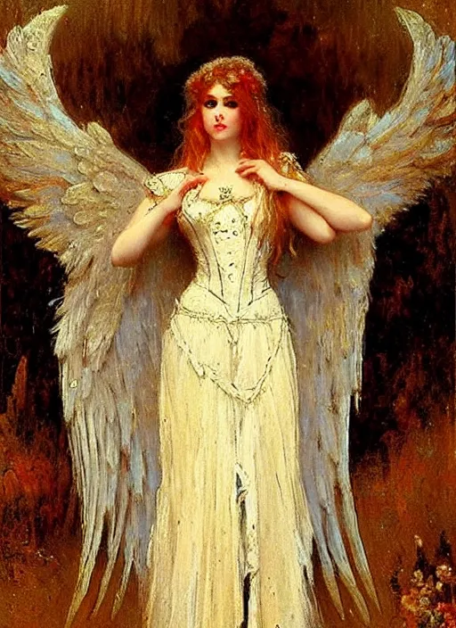 Image similar to vertical prtrait of an angel knight gothic girl, baroque dress. by gaston bussiere