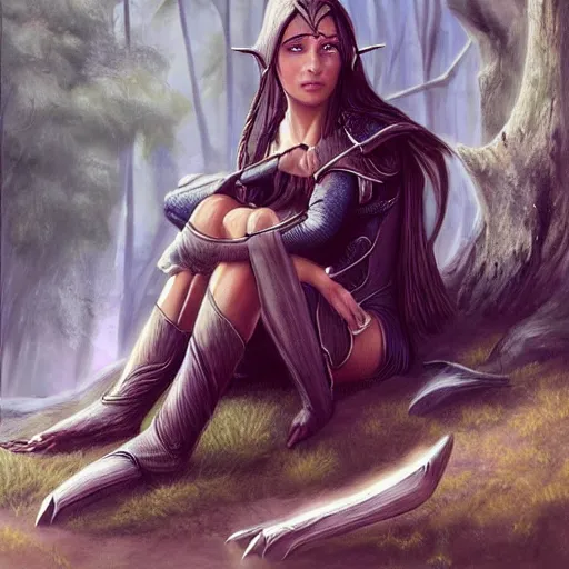 Image similar to a short, stocky female wood elf, resting after a battle, fantasy art