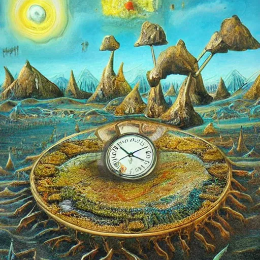 Image similar to surrealist landscape, clock melting, ant city, painting, highly detailed