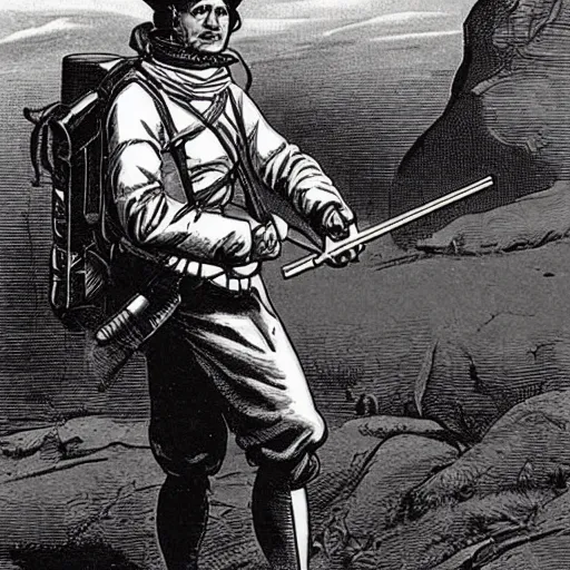 Image similar to 19th century trapper, holding a laser rifle, on mars, pulp science fiction illustration