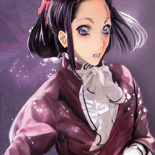 Image similar to portrait of a beautiful! alluring anime woman wearing a 2 0 3 0's stained dirty torn japanese school uniform, gorgeous face, leather bomber jacket, katana scabbard, bo staff, realistic, hyper detailed, dynamic action poses, concept art, jojo's bizarre adventure, in style of hirohiko araki, chiaroscuro, anime aesthetic