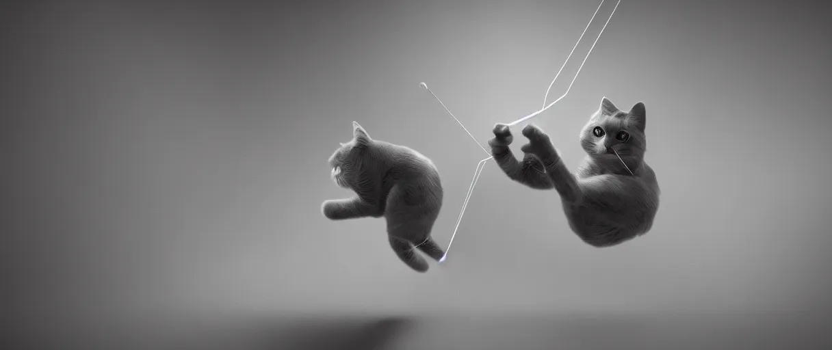 Image similar to 3 d render of cat playing with yarn in non - euclidean space, concept art, high detail, artstaion, dark atmosphere, noir, 4 k