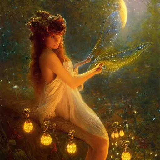 Prompt: attractive, fairy, in the night, fantasy, crescent moon in background, luminous, toadstools, fireflies, fantasy, highly detailed painting by gaston bussiere, craig mullins, j. c. leyendecker, mid shot, 8 k realistic, sharp focus