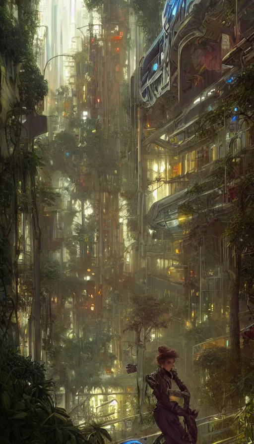 Image similar to hyper realistic cyberpunk city, overtaken by lush plants, gnarly trees by tom bagshaw, mucha, gaston bussiere, craig mullins, j. c. leyendecker 8 k