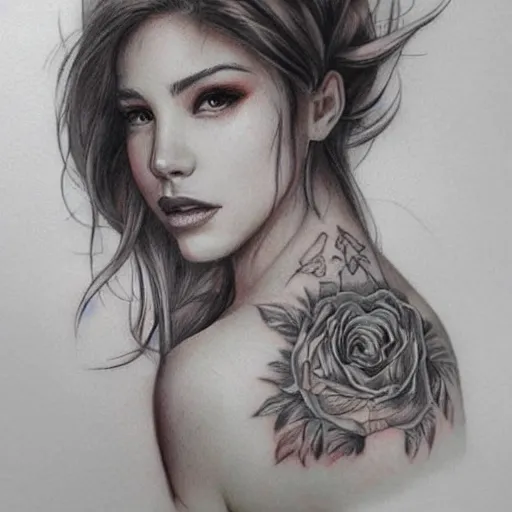 Image similar to tattoo design, beautiful portrait of a girl looking up and to the right by artgerm, artgerm