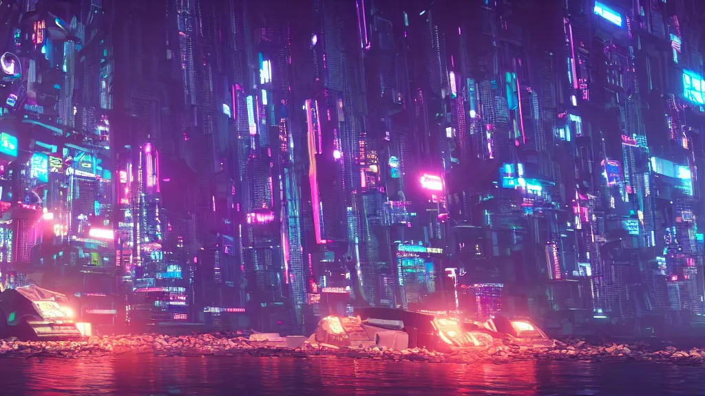 Prompt: cyberpunk city built underwater, submerged, nighttime, fluorescent led, made in blender, octane render, cinematic, volumetric lighting, futuristic,, hyperrealistic, highly detailed, colourful 4 k hd