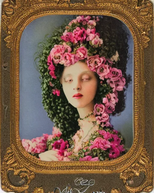 Prompt: a beautiful detailed front view portrait of marge simpson with baroque ornate growing around, flowers, plants, ornamentation, elegant, beautifully soft and dramatic lit, 1 9 1 0 polaroid photo