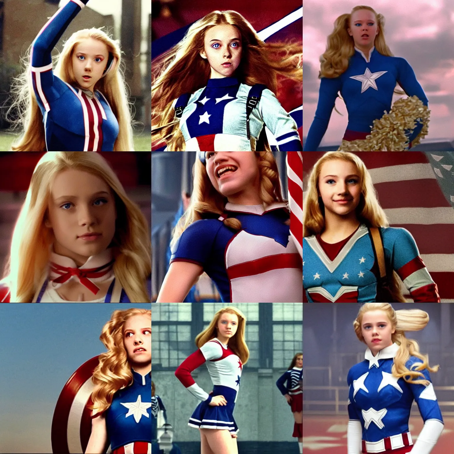 Prompt: A teenage high school girl cheerleader, long blond hair, as Captain America, film still from 'The First Avenger'