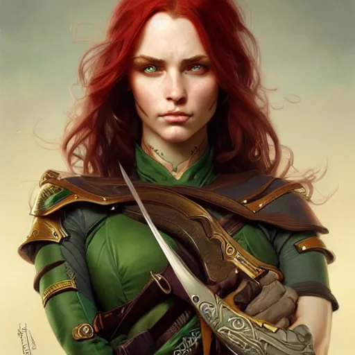 Image similar to Portrait of serious female ranger, D&D, green eyes, face, long red hair, fantasy, intricate, elegant, highly detailed, digital painting, artstation, concept art, smooth, sharp focus, illustration, art by artgerm and greg rutkowski and alphonse mucha