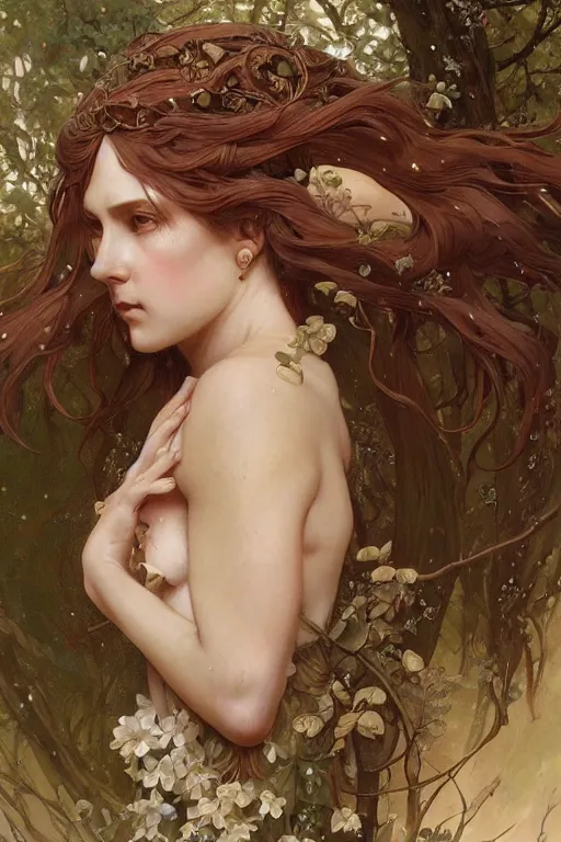 Prompt: A full portrait of an ancient noridc dryad, intricate, elegant, highly detailed, digital painting, artstation, concept art, smooth, sharp focus, illustration, art by Krenz Cushart and Artem Demura and alphonse mucha