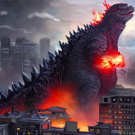 Image similar to godzilla destroying a city, concept art, artstation, very detailed