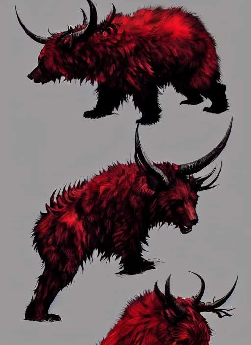 Image similar to A horned bear spirit with red fur. In style of Yoji Shinkawa and Hyung-tae Kim, trending on ArtStation, dark fantasy, great composition, concept art, highly detailed.