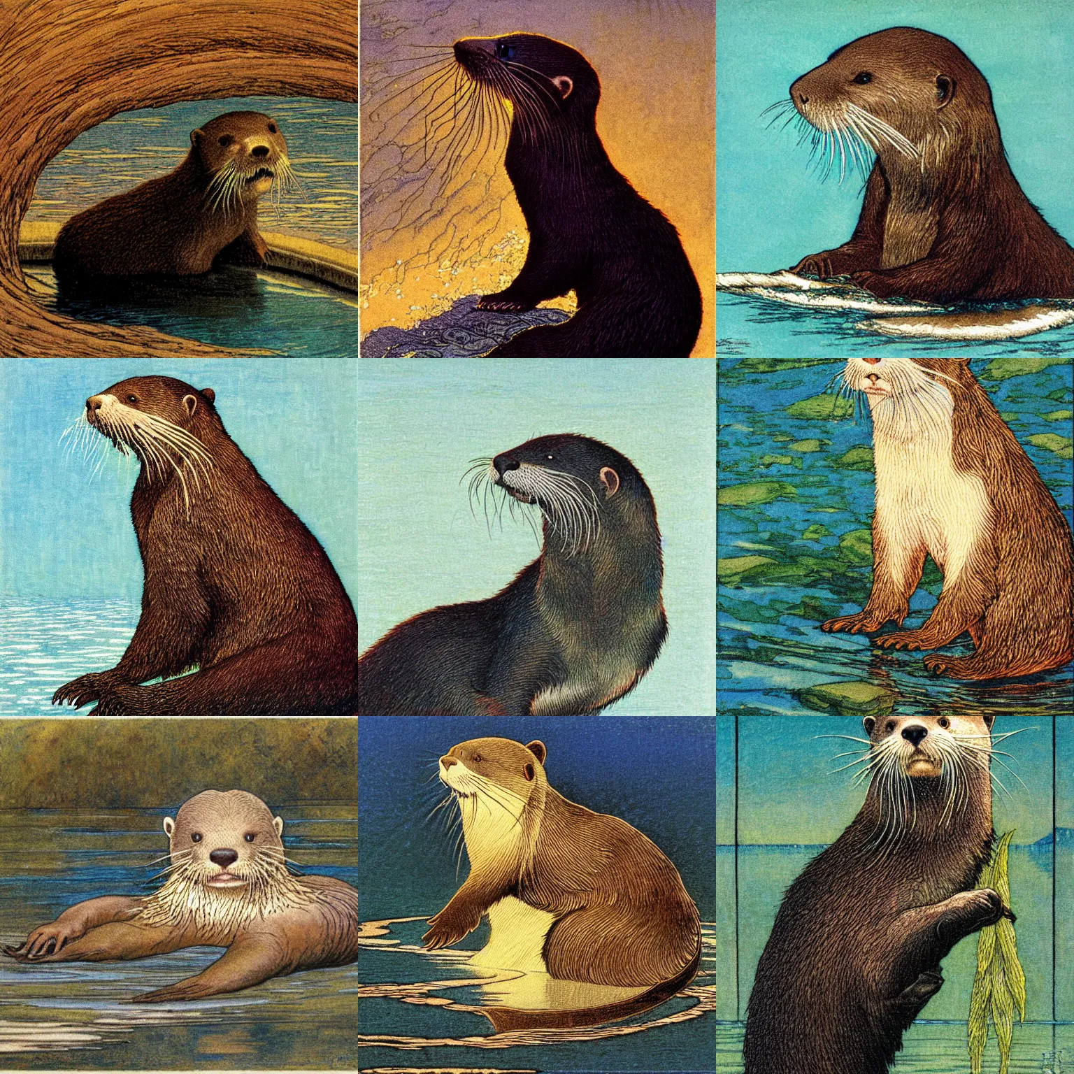 Prompt: cute otter, carlos schwabe, concept art, digital, highly detailed, eddotorial illustration, matte print