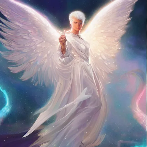 Image similar to harmony of white haired angel yoongi wearing greek clothes, muted colors, nebula background, neon sparkles everywhere, big wings, dynamic hair movement, + + + + dynamic pose, holographic space, glowing effect, j. c leyendecker, by alan lee, wlop! illustrated by starember, fantasy art by craig mullins