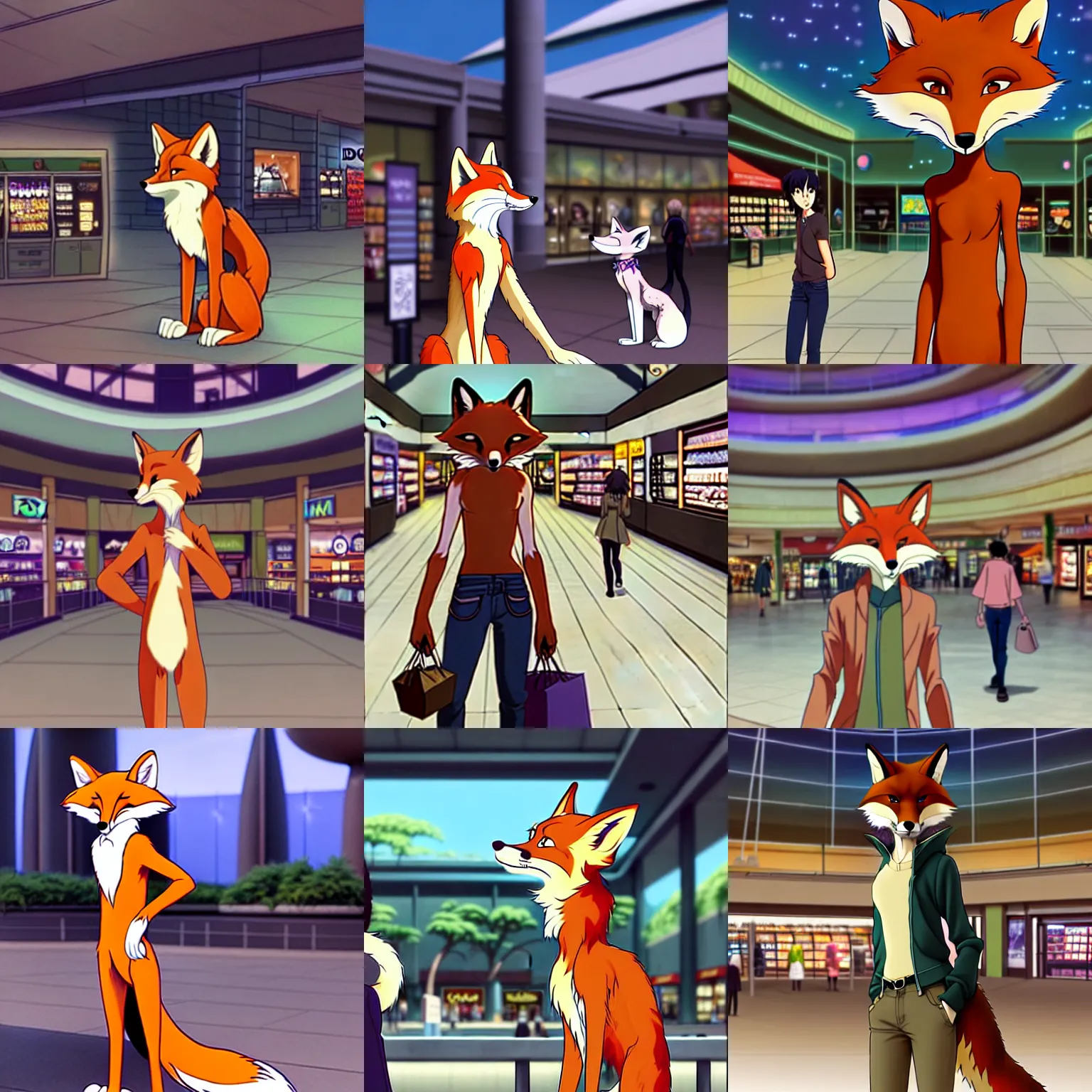 Prompt: an anthropomorphic natural furry ( ( fox ) ) person shopping at a futuristic mall, photorealistic!!!!, anime!!!!, makoto shinkai, james gurney, don bluth, disney, hibbary, dark natasha, goldenwolf, furaffinity, fursona, commission