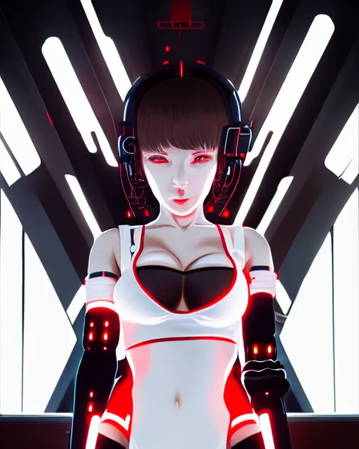 Image similar to a detailed potrait of a cyberpunk cyborg girl with black and red parts, white stockings, white swimsuit, perfect face, realistic shaded perfect face, detailed. night setting. very anime style. realistic shaded lighting poster by ilya kuvshinov katsuhiro, unreal engine, global illumination, radiant light, detailed and intricate environment, full length and white stockings