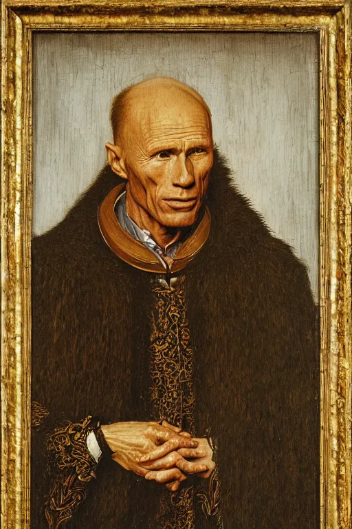 Prompt: portrait of ed harris, oil painting by jan van eyck, northern renaissance art, oil on canvas, wet - on - wet technique, realistic, expressive emotions, intricate textures, illusionistic detail