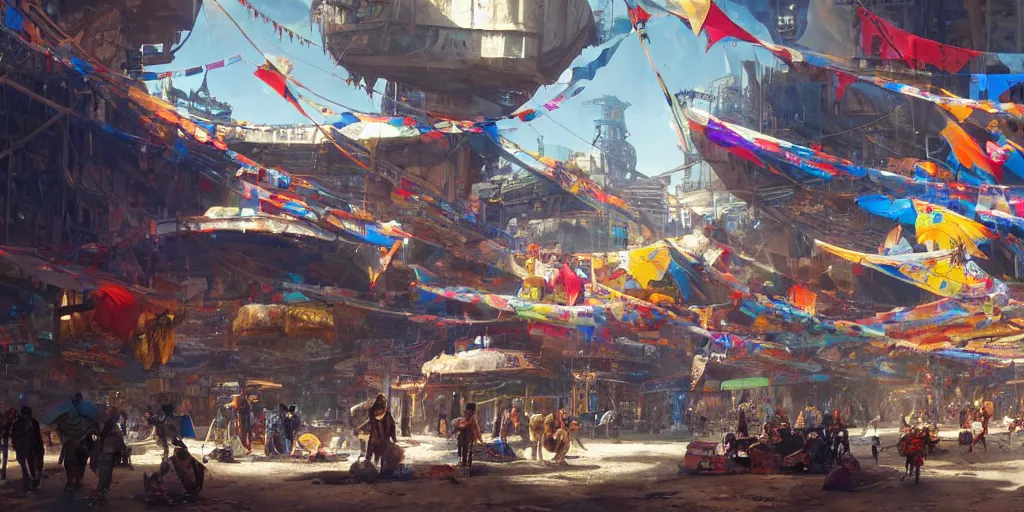 Prompt: screenshot of a vibrant bustling colorful marketplace in a massive cavernous iron city, flags and kites, dappled light, sci - fi, colossal arcing metal structures high in the cavernous metal interior, beautiful, awe inspiring, fps, by james gurney, greg rutkowski, sparth, cinematography, cinematic masterpiece