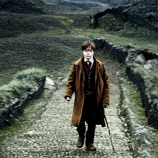 Image similar to daniel radcliffe as harry potter walking to mordor