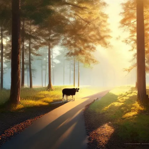 Image similar to cow excrement in the middle of the path, pinewoods, oaks, spring season, 4 k, morning light, concept art, by wlop, ilya kuvshinov, artgerm, krenz cushart, greg rutkowski, pixiv. cinematic dramatic atmosphere, sharp focus, volumetric lighting, cinematic lighting, studio quality