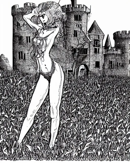 Prompt: an illustration of a haunted anamatronic, full body, standing in a field, castle in the background, pen-and-ink illustration, etching, by Russ Nicholson, DAvid A Trampier, larry elmore, 1981, HQ scan, intricate details