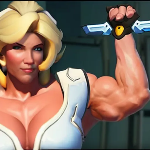 Image similar to a screenshot of arnold schwarzenegger as mercy in overwatch