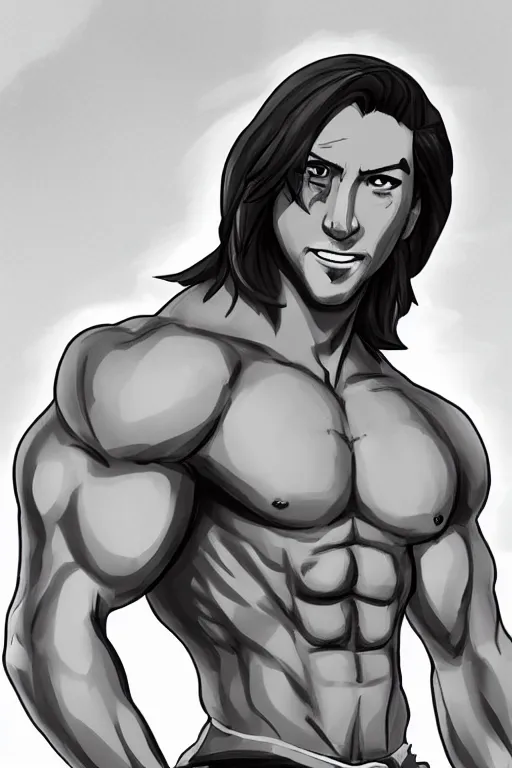 Prompt: Matthew Mercer is a jacked muscle builder gigachad, grayscale photography, Critical Role, Raised eyebrow