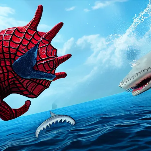 Prompt: a portrait of Spiderman punching a shark on the snout in the middle of the ocean, 8k, ultrarealistic, trending on artstation, ultradetailed, octane render,