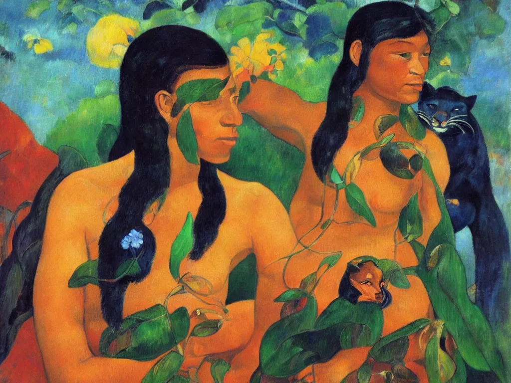 Image similar to Portrait of a Tahitian woman with panther. Lapis Lazuli, malachite, cinnabar. Painting by Gauguin, Agnes Pelton