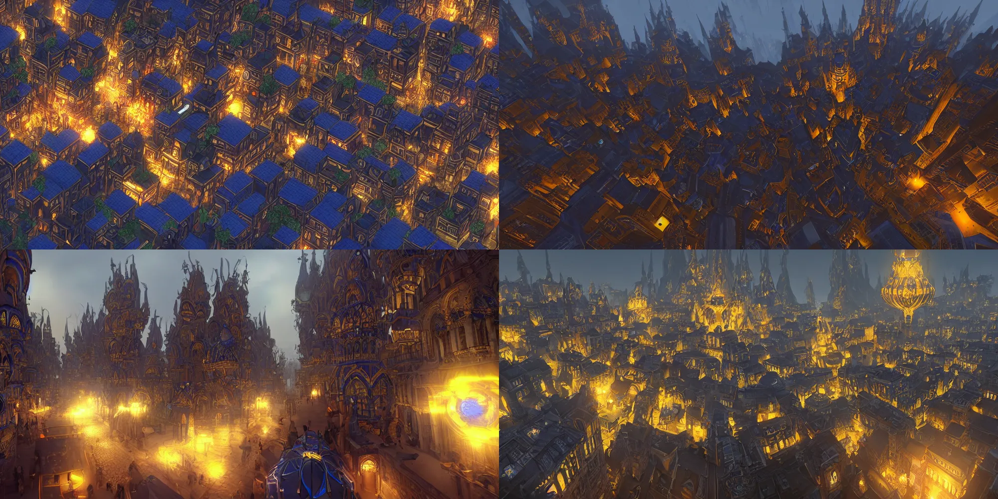 Prompt: Dark blue and amber color scheme. Ps4 FPS gameplay screenshot. FPS pov. First person perspective. Hands and legs in shot. Realm. Magical glowing street lanterns line the edge of the architecture. Sitting on the edge of a tall building within the great fantastical mythical mythological city looking down at the intricate ornate byzantine elven dwarven architecture and streets. Art by James C. Christensen, James Gurney, Andreas Rocha, Barclay Shaw, Thomas Cole, Antoine Blanchard, Gilbert Williams, Christophe Vacher.