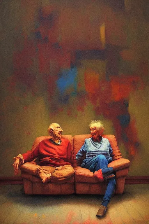 Image similar to highly detailed photo of a very old couple sitting on a couch, psx game graphics , Beksinski painting, part by Adrian Ghenie